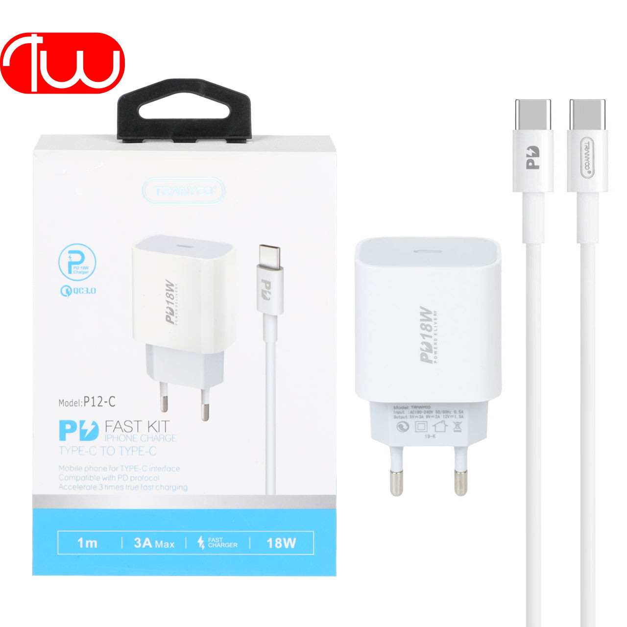 آداپتور شارژر ترانیو TRANYOO T-P12 18W Type C To Lightning